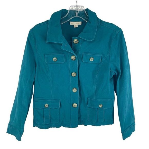 Appleseed's Women's Button Down Jacket Blazer Collared Pockets Teal Green Medium - Picture 5 of 13